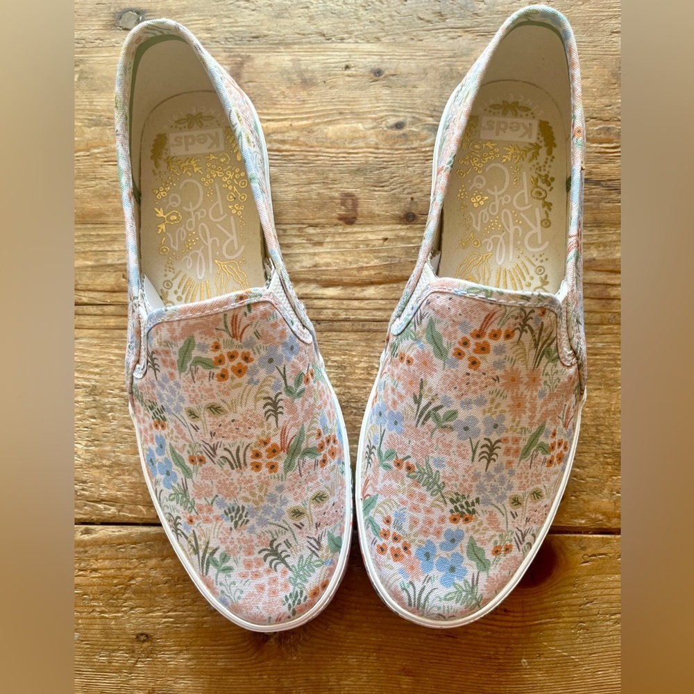 NEW Keds x Rifle Paper Double Decker Meadow Pink Slip On Sneakers 8.5 W Wide